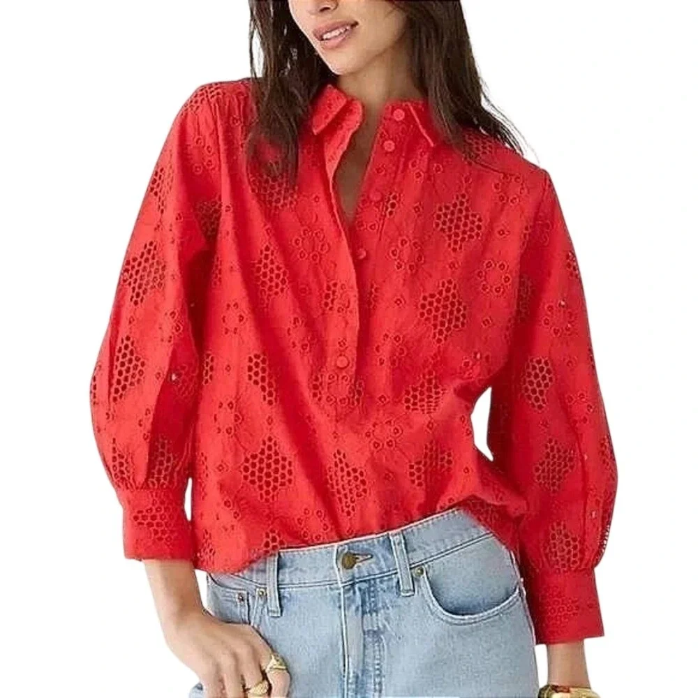 J.Crew‎ Red Eyelet Popover Top XL